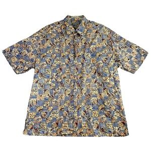 KOA ROAD Shirt XL Brown Blue Hawaiian Camp Pocket Floral Pineapple Palm Tree Y2K